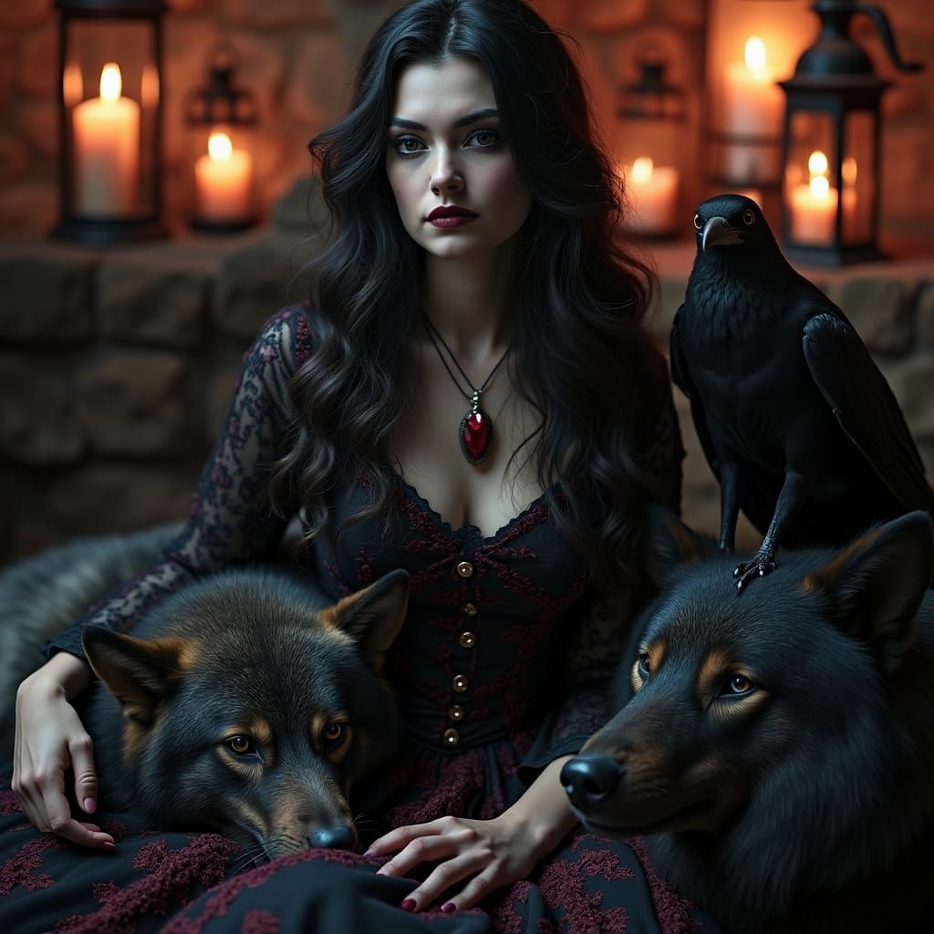 Gothic Woman with Wolf and Crow in Dark Fantasy Style