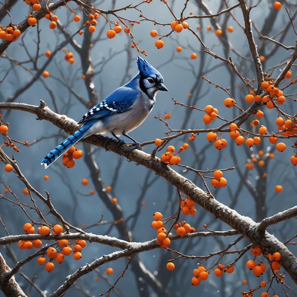 Blue Jay with Berries: Detailed Matte Painting