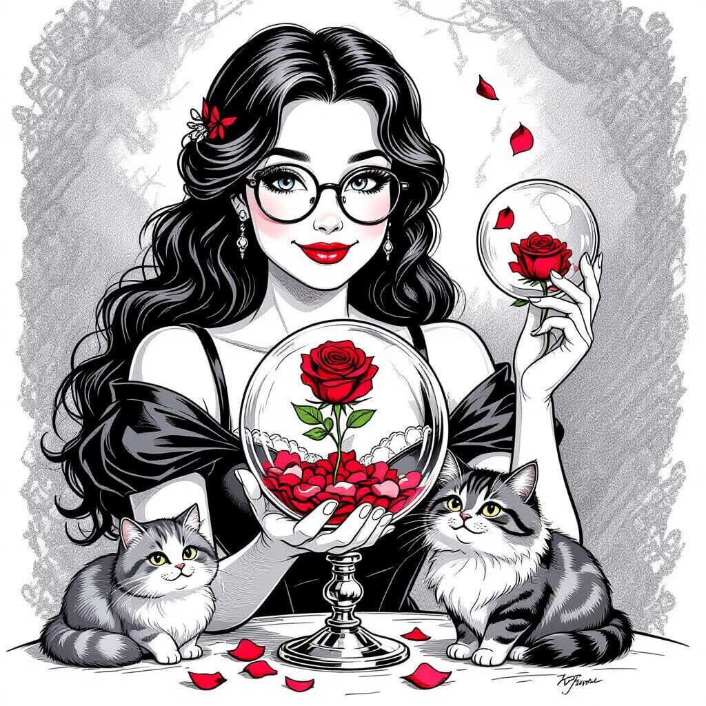 Black and White Sketch of Woman with Rose in Globe