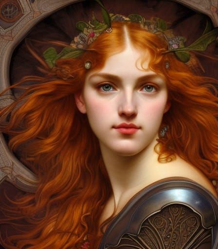 Armored Woman Portrait in Pre-Raphaelite Style