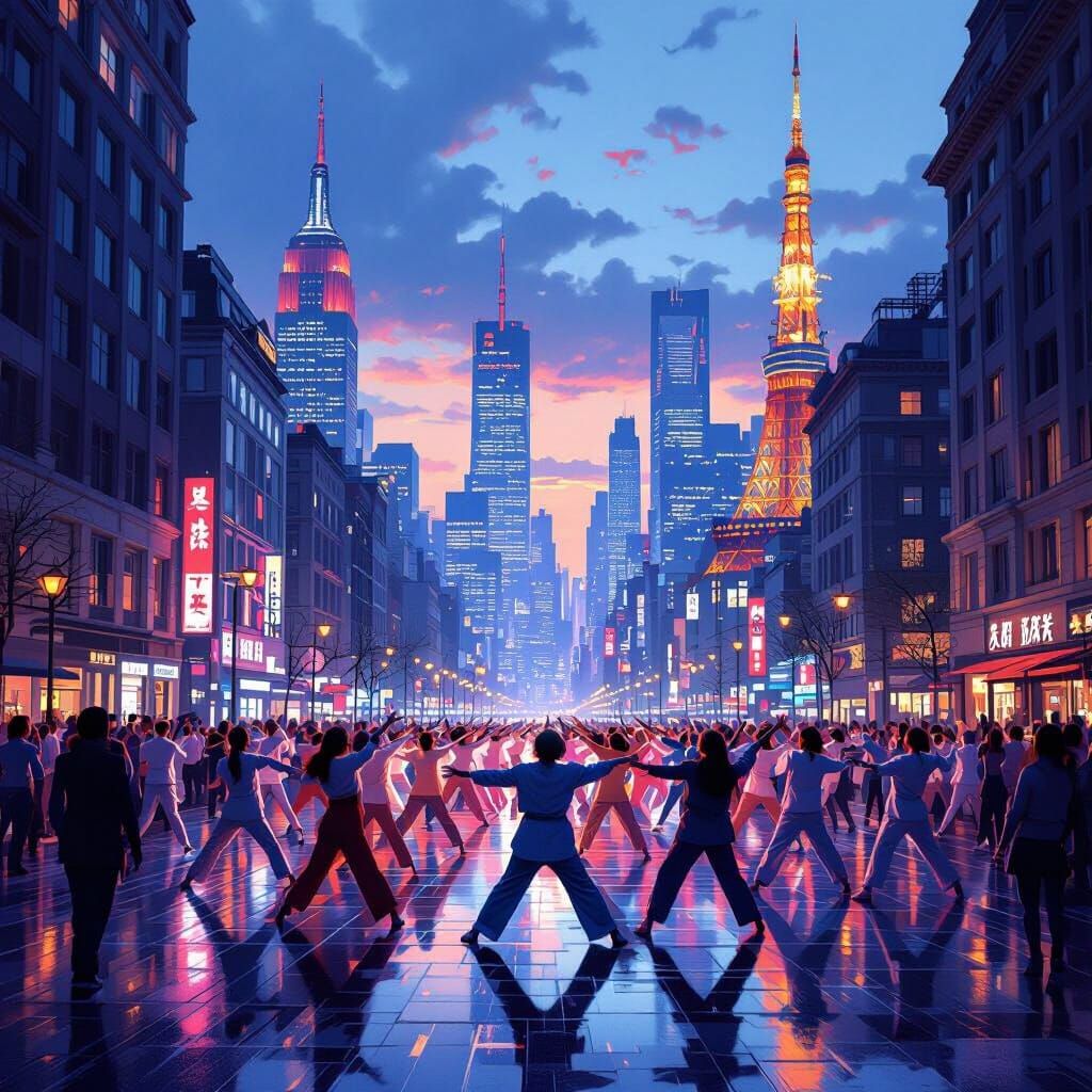 Global Korean Routine in Iconic Cityscapes at Dusk