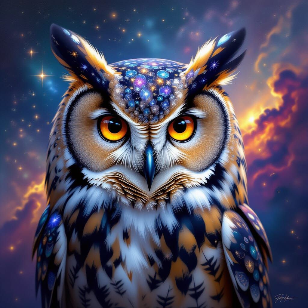 Wise Owl with Galaxy Eyes in Cosmic Nebula