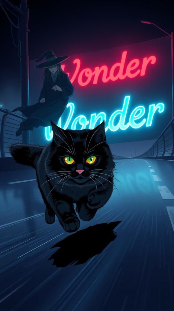 Fluffy Black Cat Sprinting in Manga-Scan Anime Style