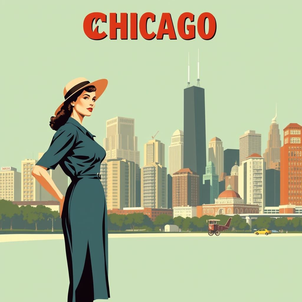 Vintage Chicago Travel Poster in Illustration Art Style