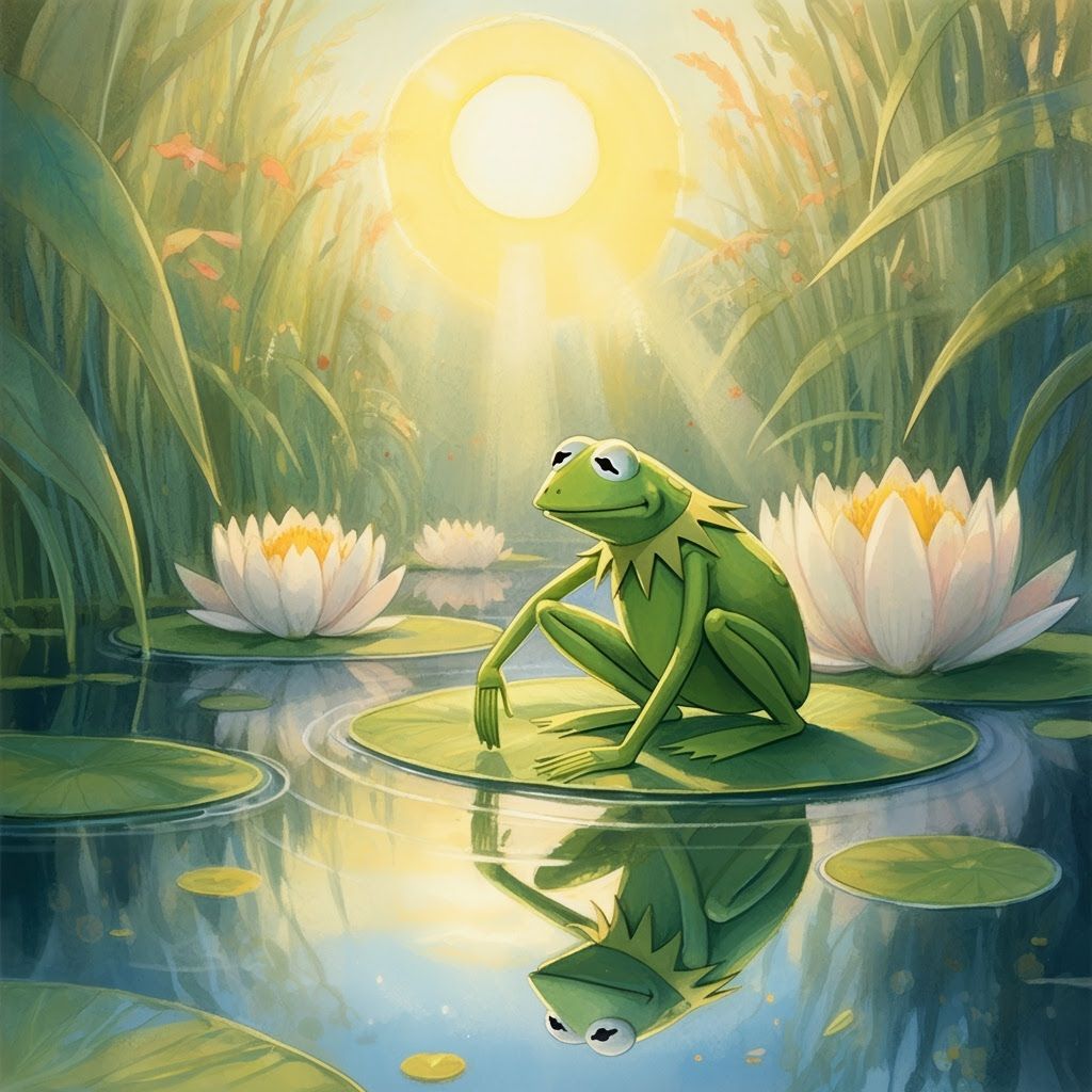 Kermit the Frog's Whimsical Reflection in Storybook Style