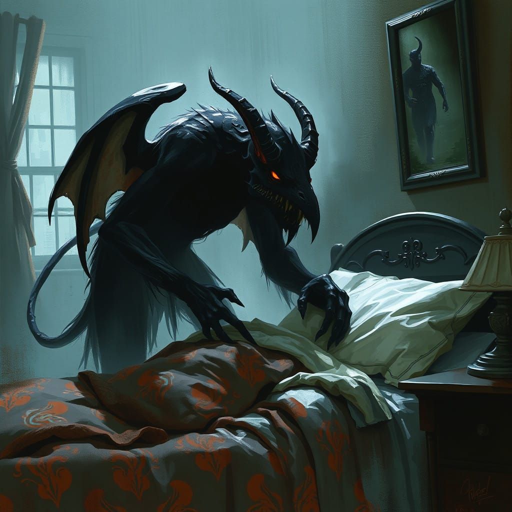 Demon Picks Up a Sleeping Child in a Dark Ambiance