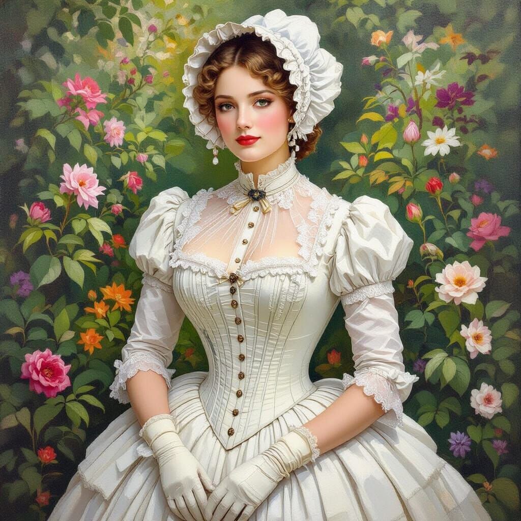 Victorian Woman in Botanical Garden, Oil Gouache Style