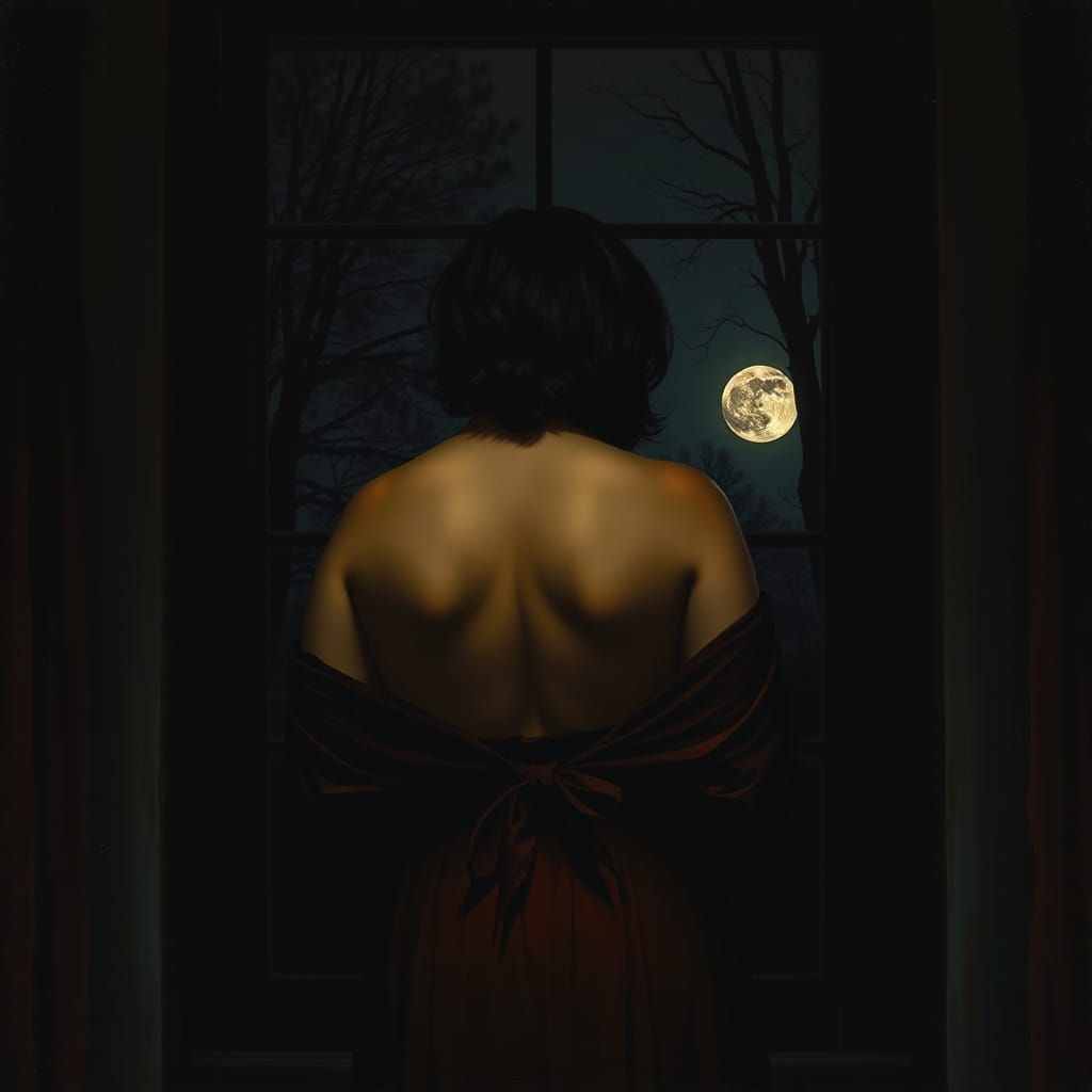 Woman in Shadow at Window, Moonlit Forest
