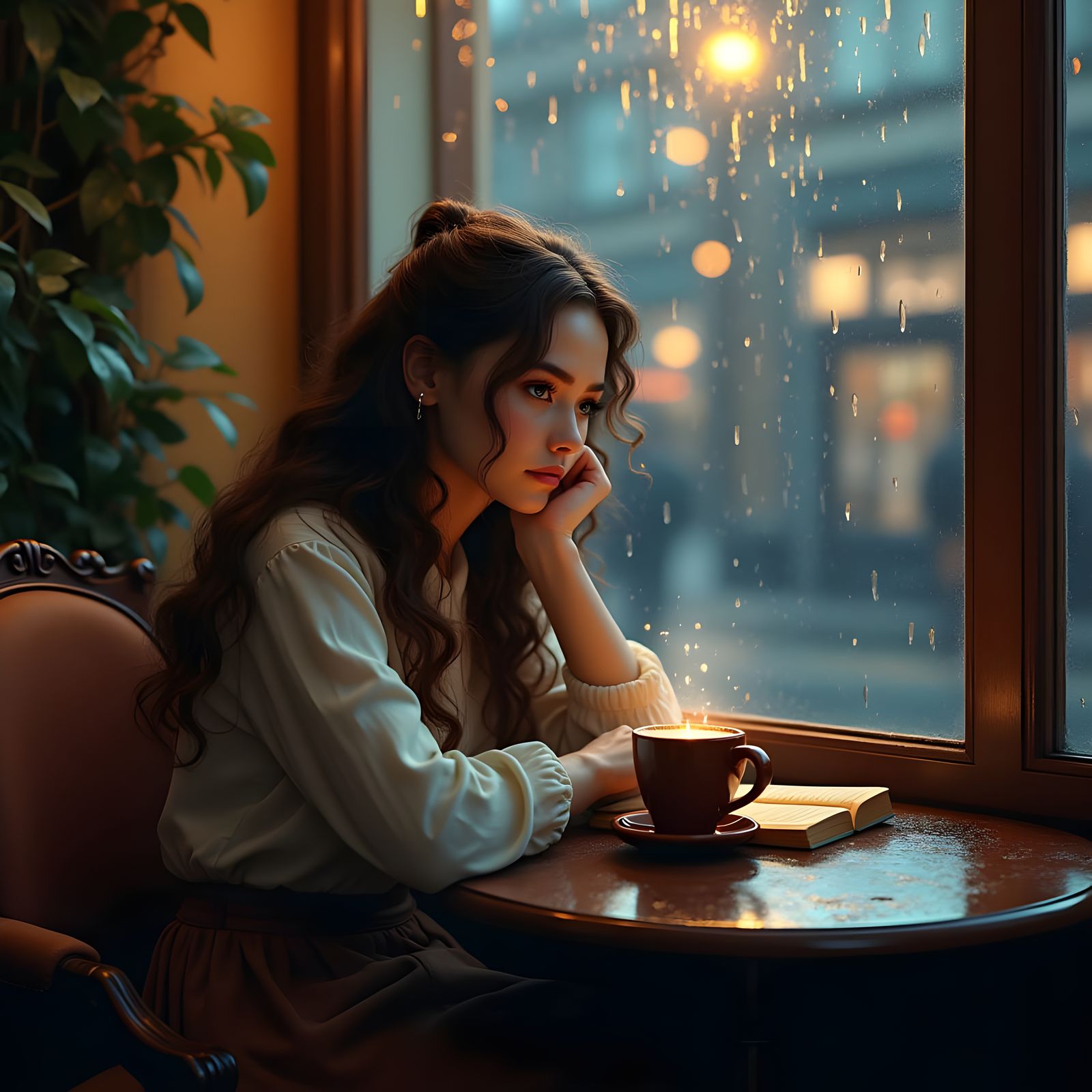 Cozy Cafe Moment on a Rainy Night