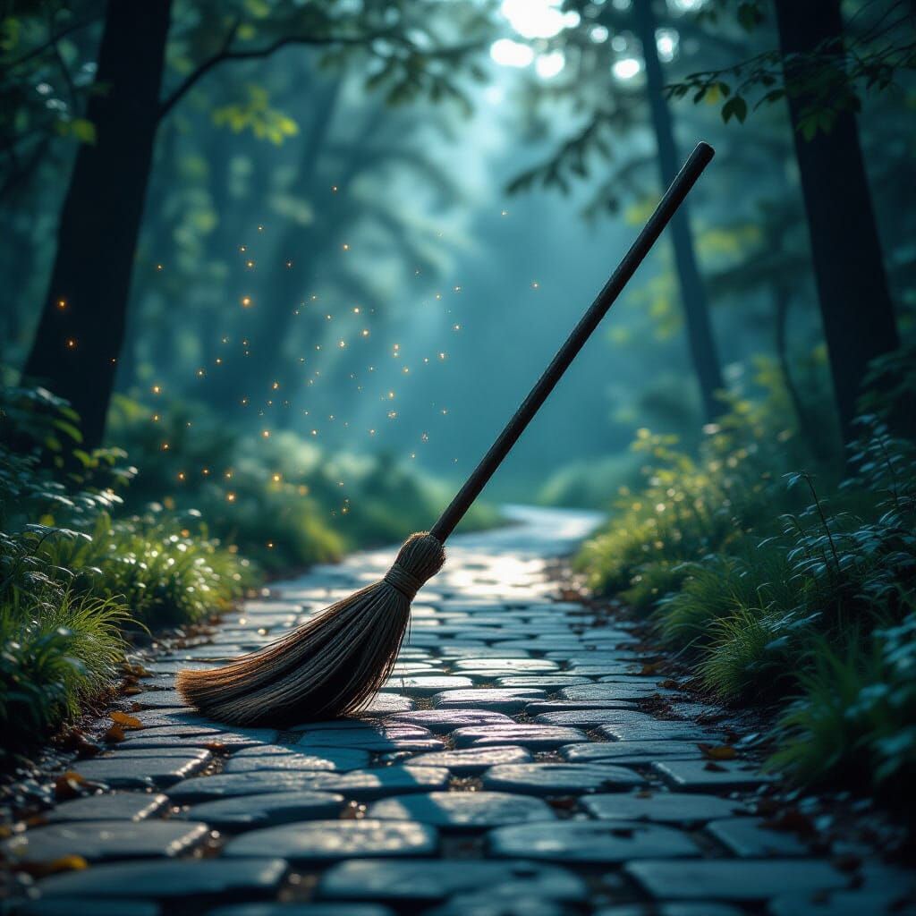 Antique Magical Broom Sweeps Forest Path