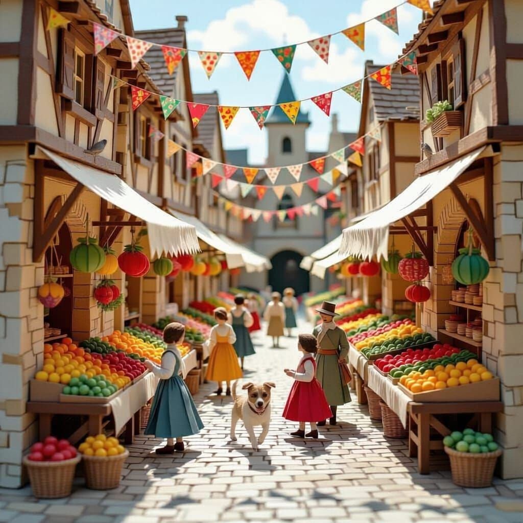 Medieval Marketplace in Textured Paper Diorama Style
