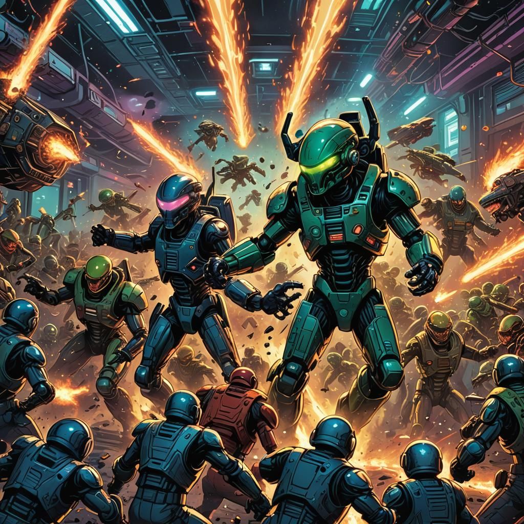 Aliens and Robots Fight in Comic Book Style