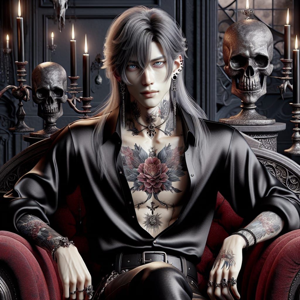 Goth Japanese Gentleman in Art Nouveau Prints Style