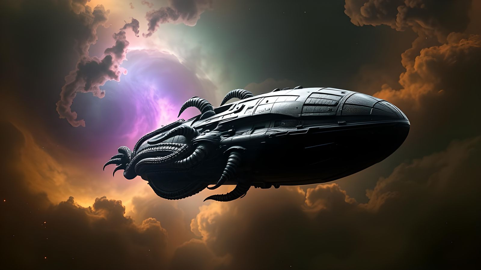 Hyper-Detailed Alien Spaceship Emerges from Nebula