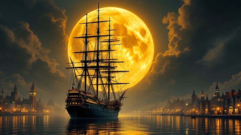 Majestic Ship Silhouetted Against the Full Moon