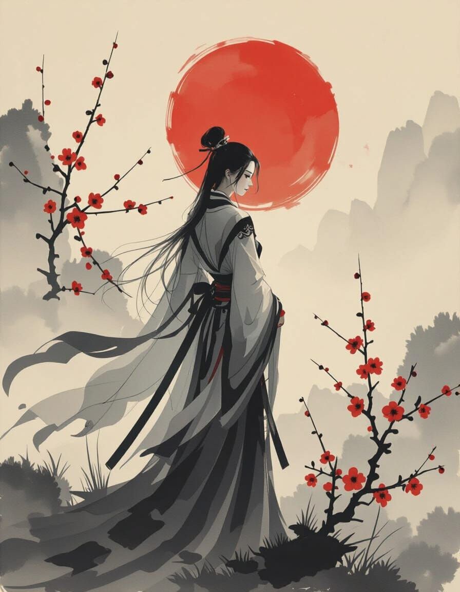 Lonely Swordswoman Under Red Sun in Sumi-e Style