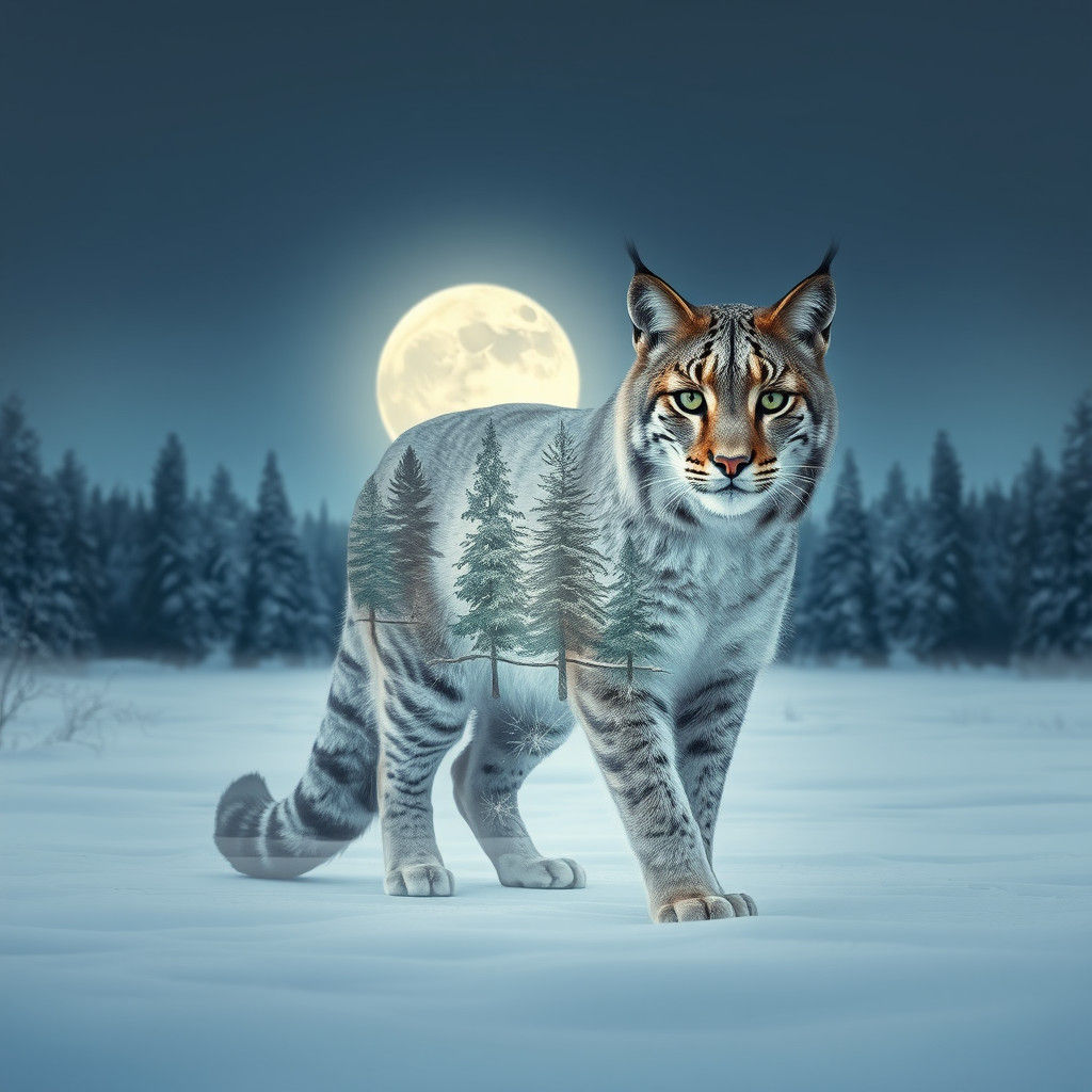A bobcat in a double exposure composition with a snow-covere...