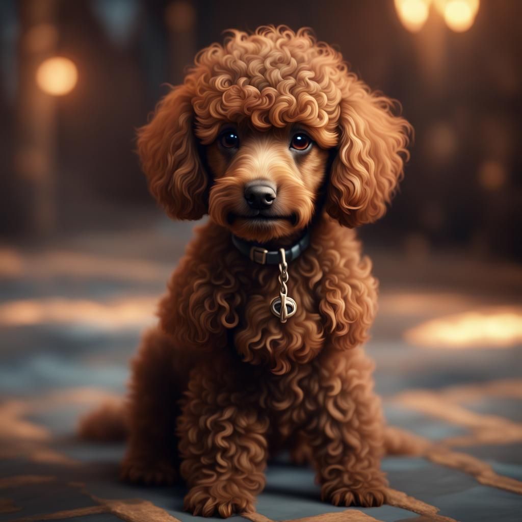 Cute Brown Poodle Puppy in Detailed Digital Painting