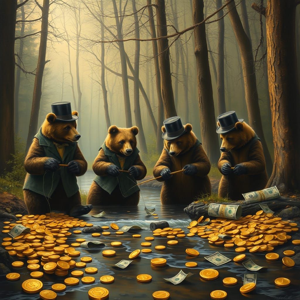 Bears in Top Hats Fish Gold Coins in Golden Forest