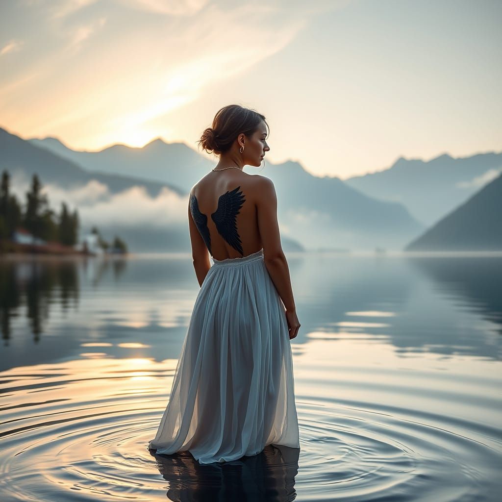 Angelic Woman in Dawn Landscape