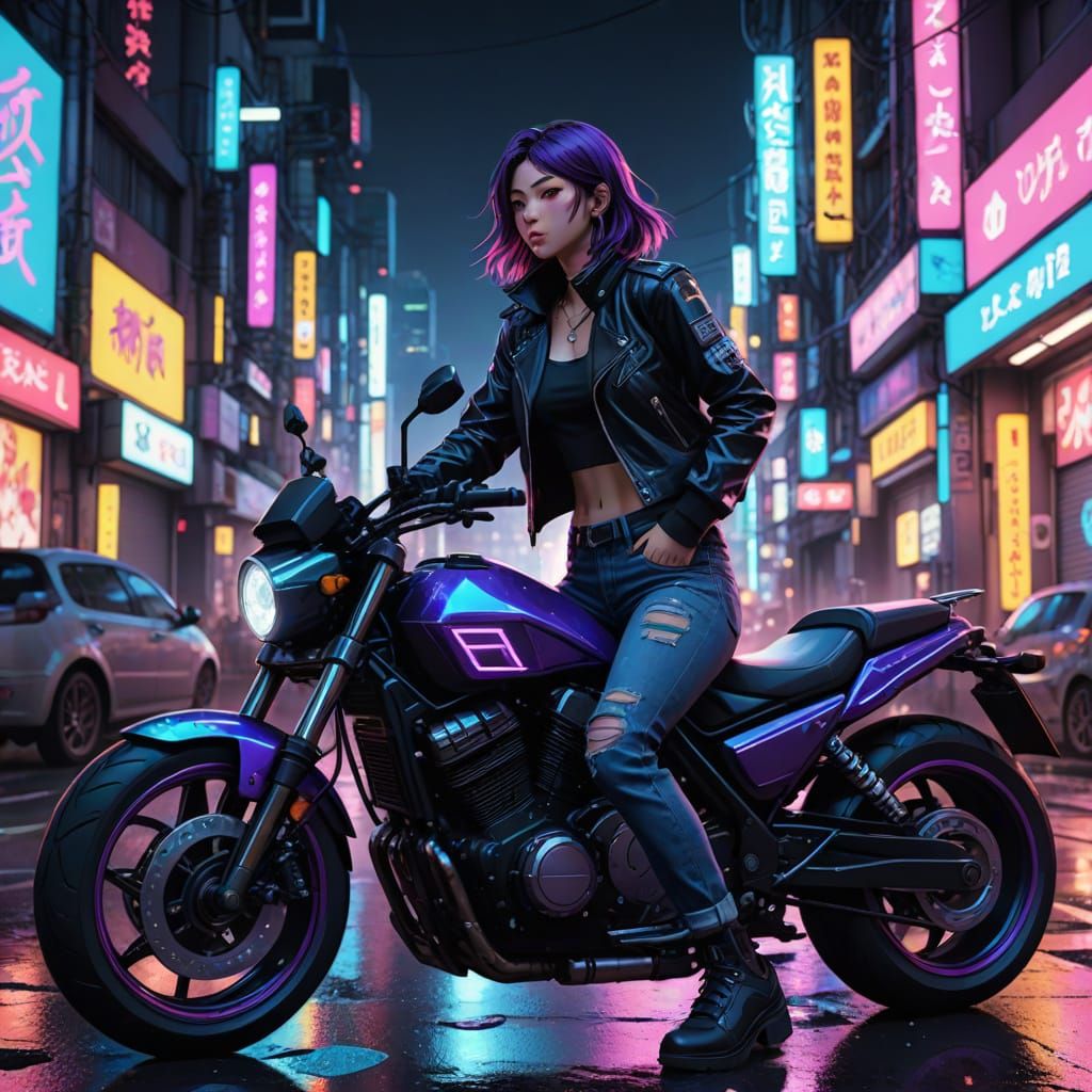 Cyberpunk Anime Werewolf Biker Girl in Neon-Lit City
