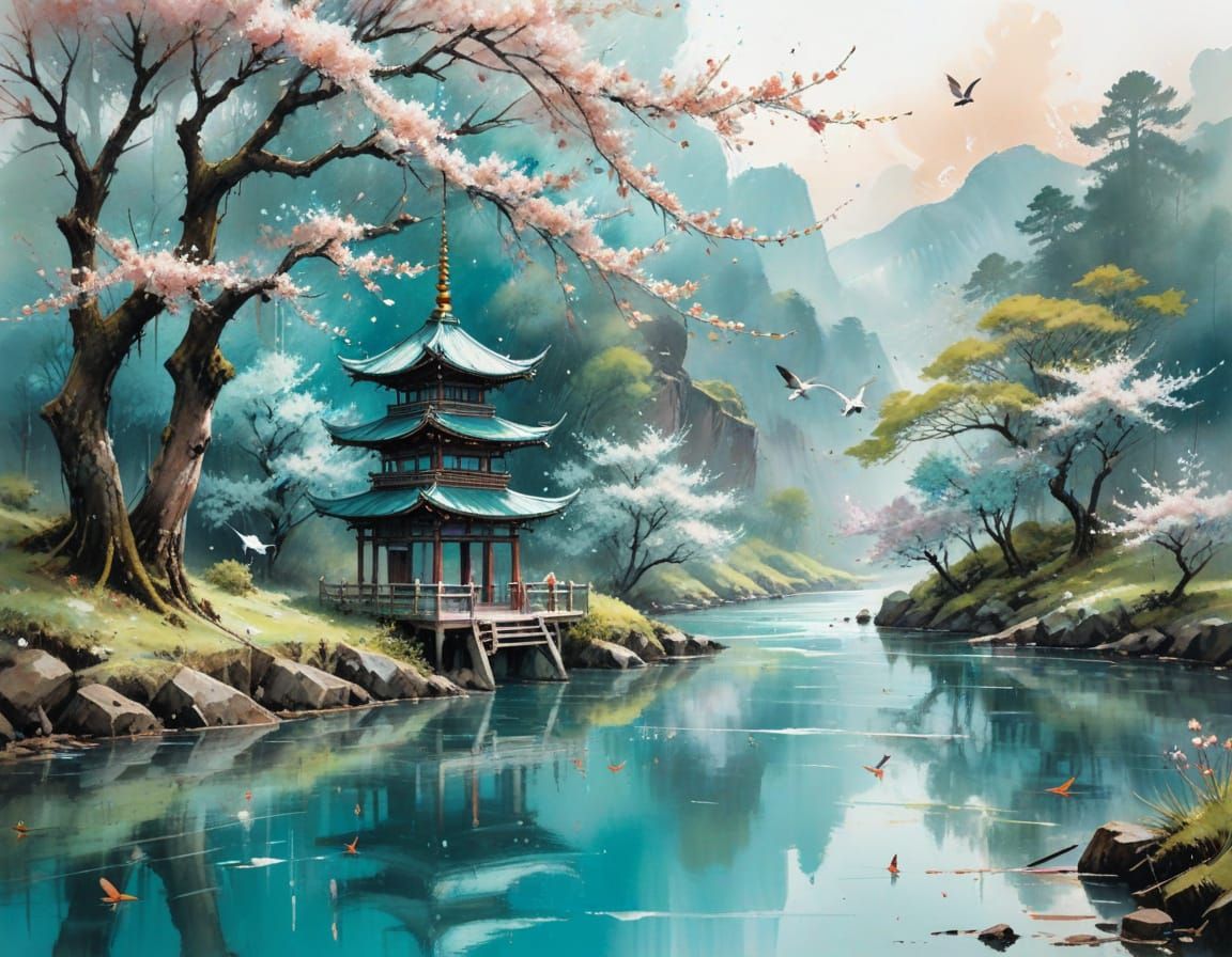 Tranquil Cherry Blossom Valley at Dawn in Watercolour Style