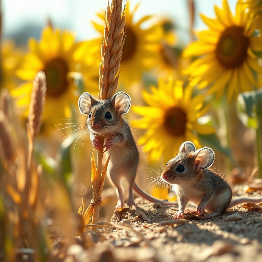 Whimsical Field Mice in Sunlit Wheat Field
