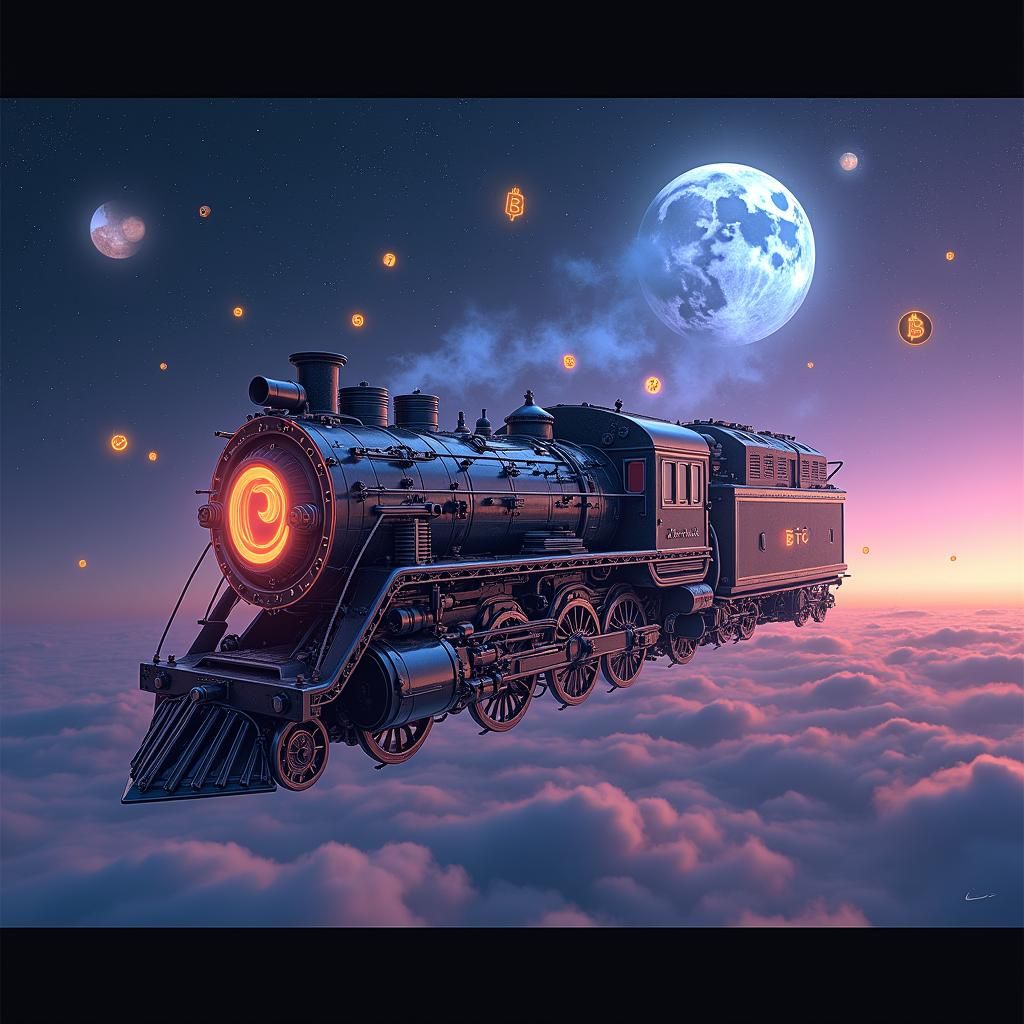 Cyberpunk Flying Locomotive in Neon Astral Sky