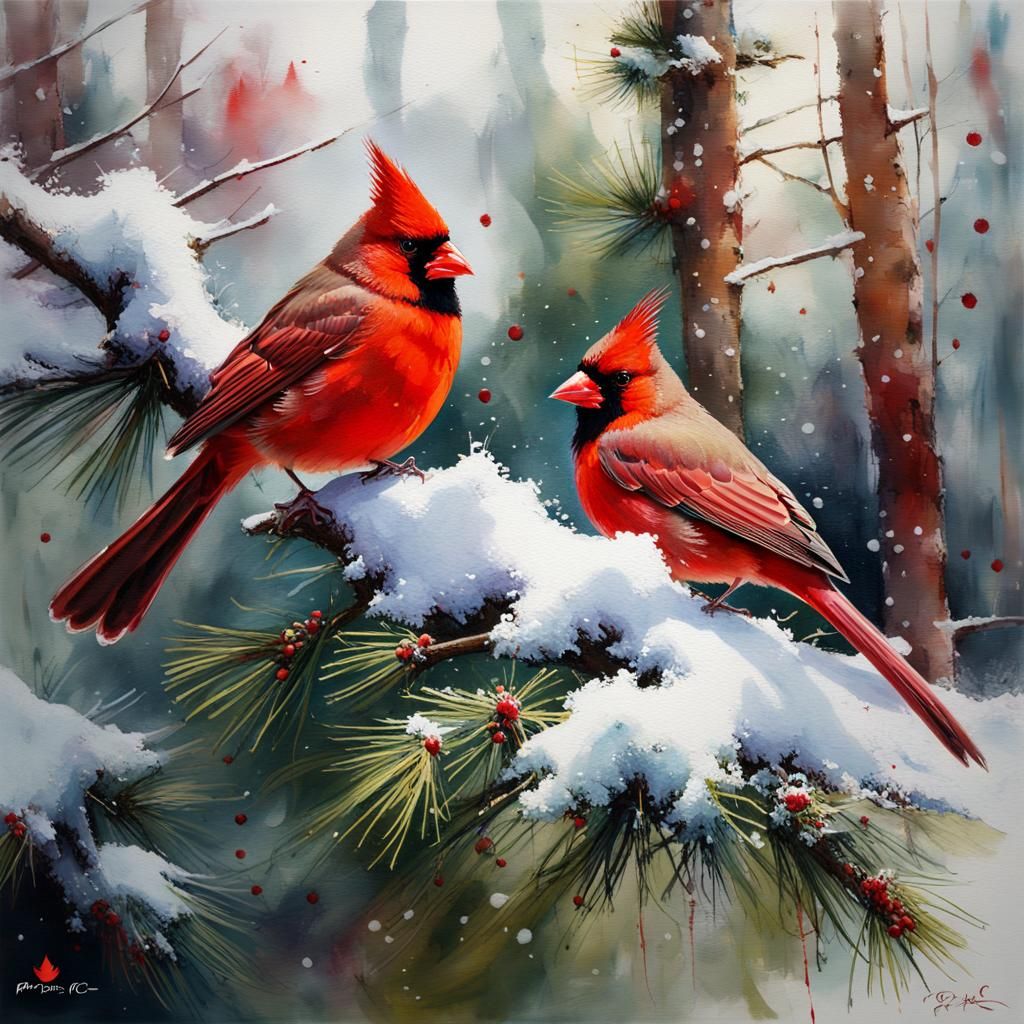 Cardinal in Winter Forest: Oil on Canvas Style
