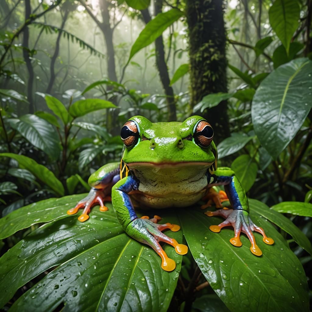 Vibrant Tree Frog in Lush Rainforest, Macro Photography