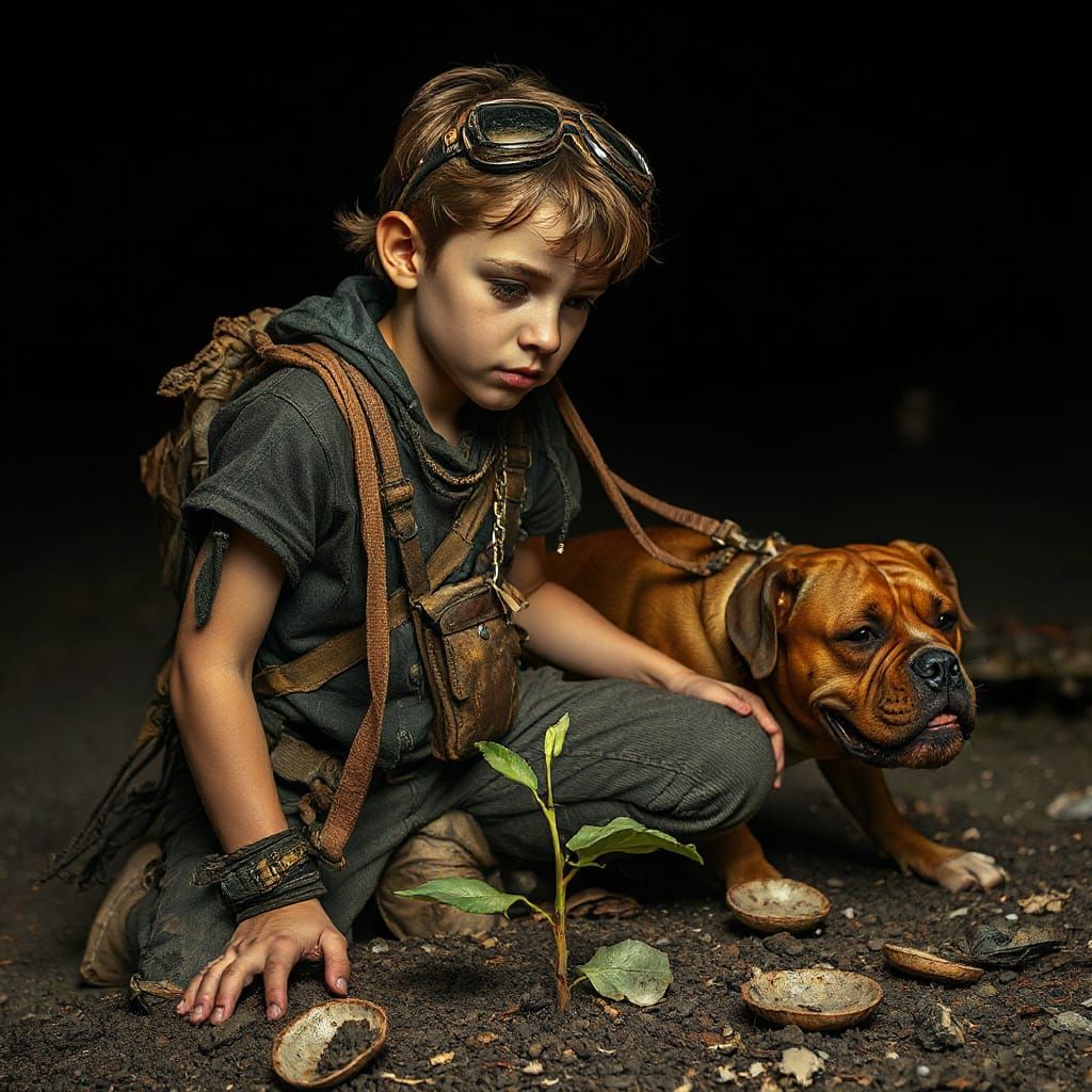 Hopeful Scavenger in Apocalyptic Landscape