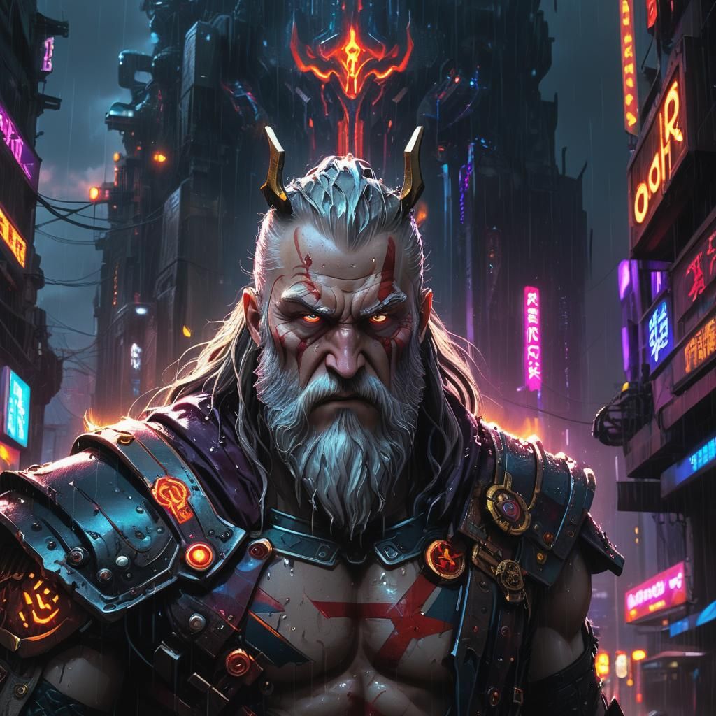 Odin in Dystopian Metropolis: Gothic Sci-Fi Anime Art