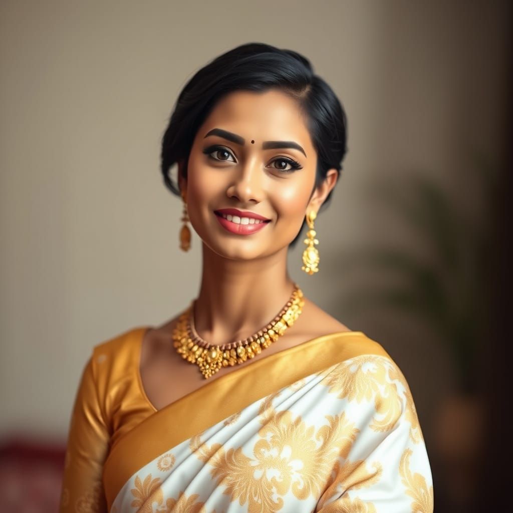 Elegant Woman in Golden Saree with Jewelry