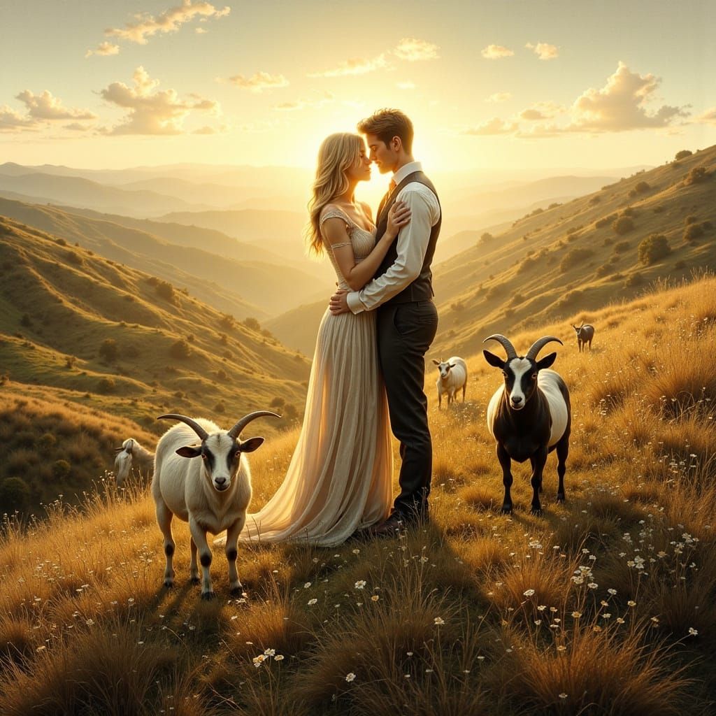 Romantic Embrace Among Goats in Pre-Raphaelite Style