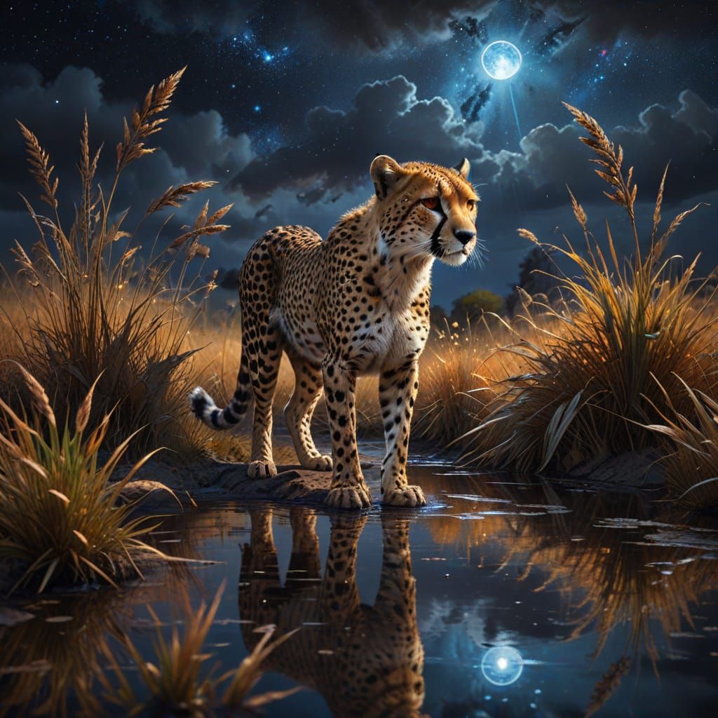 Dark Fantasy Cheetah Oil Painting with Nebula Sky