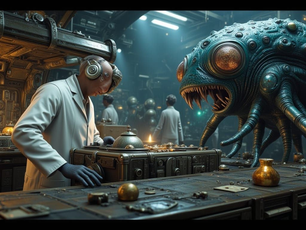 Scientist and Alien Creature Examine Artifacts