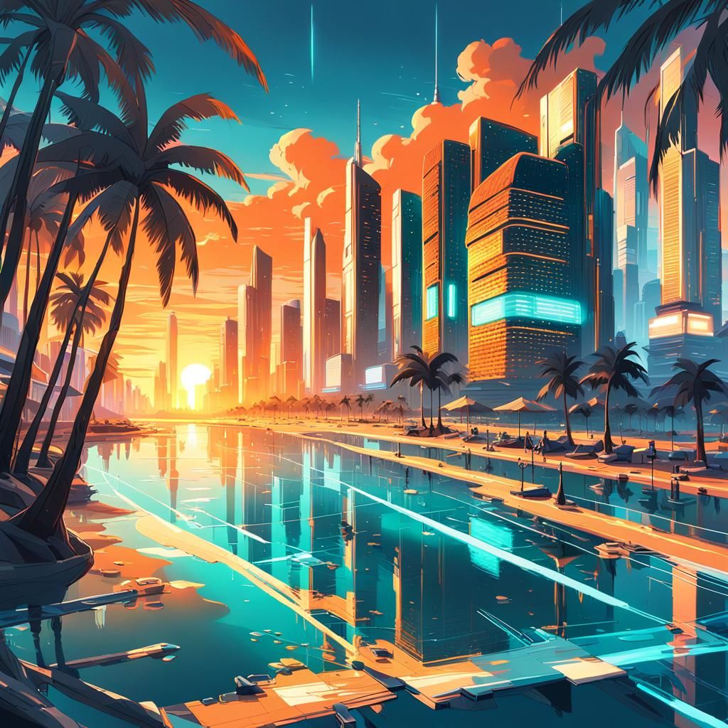 Futuristic Seaside City at Sunset: Anime Concept Art