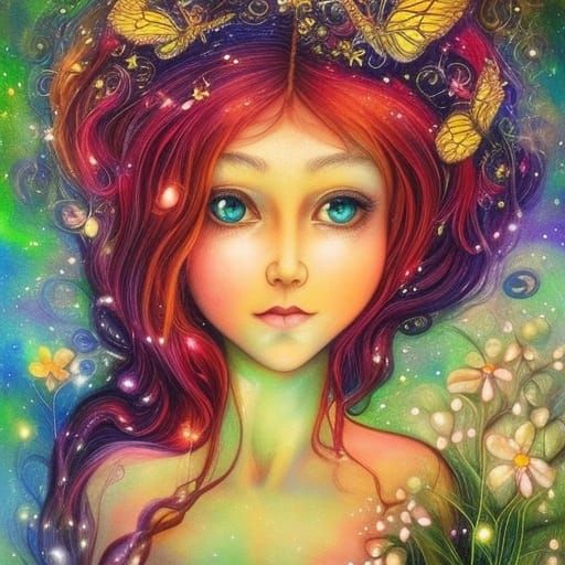 Fantasy Girl with Fireflies in Josephine Wall Style