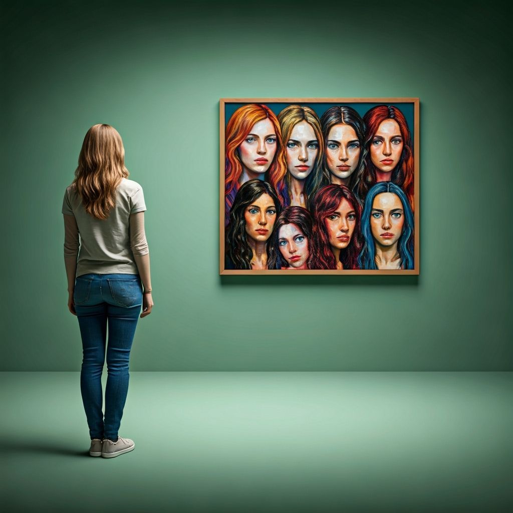 Woman Faces Seven Figures in Contemporary Art Style