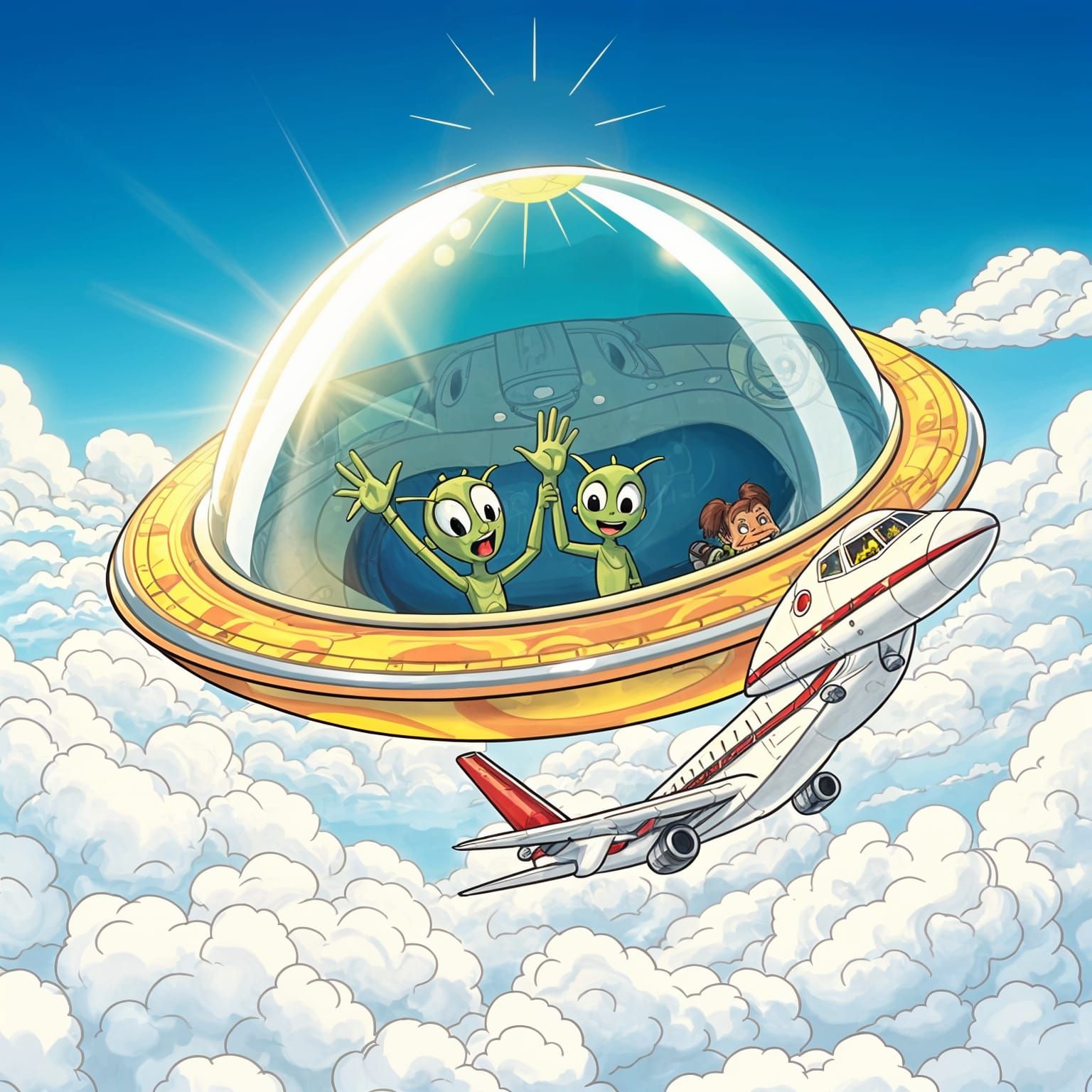 Alien Duo Waves at Frightened Jet Passengers in a Vibrant, C...