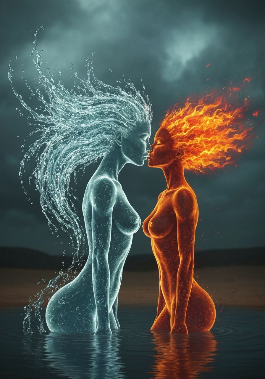 Water and Fire Spirits Embrace in Dark Fantasy