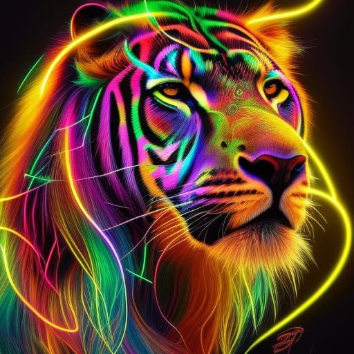 Electric Neon Lion Portrait in Retro Style