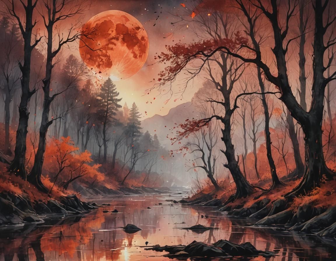 Mystical Forest Under Blood Moon in Watercolor Style