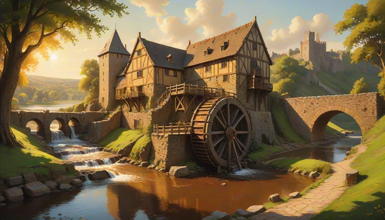 Medieval Castle Amidst a Serene Waterwheel Landscape