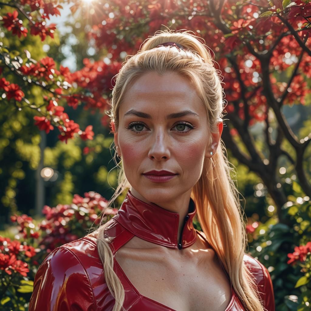 Woman in Red Latex Dress, Hyper-Realistic Portrait