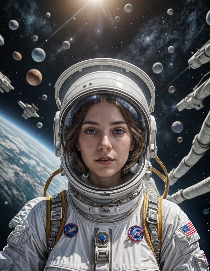 Woman in Astronaut Helmet Floating in Space