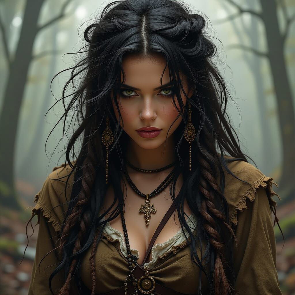 Sinister Forest Gypsy Portrait in Surreal Horror Style