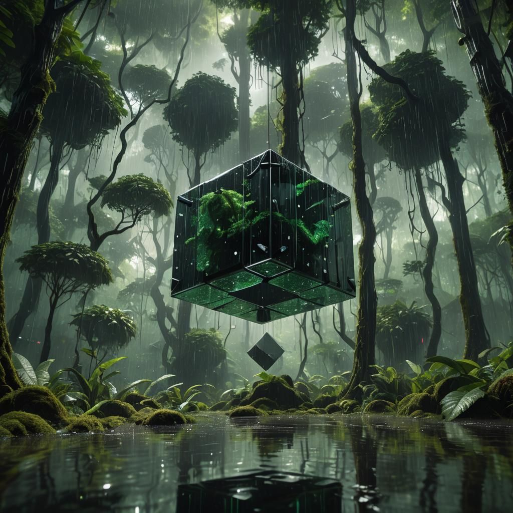 Giant Glass Cube in Emerald Rainforest