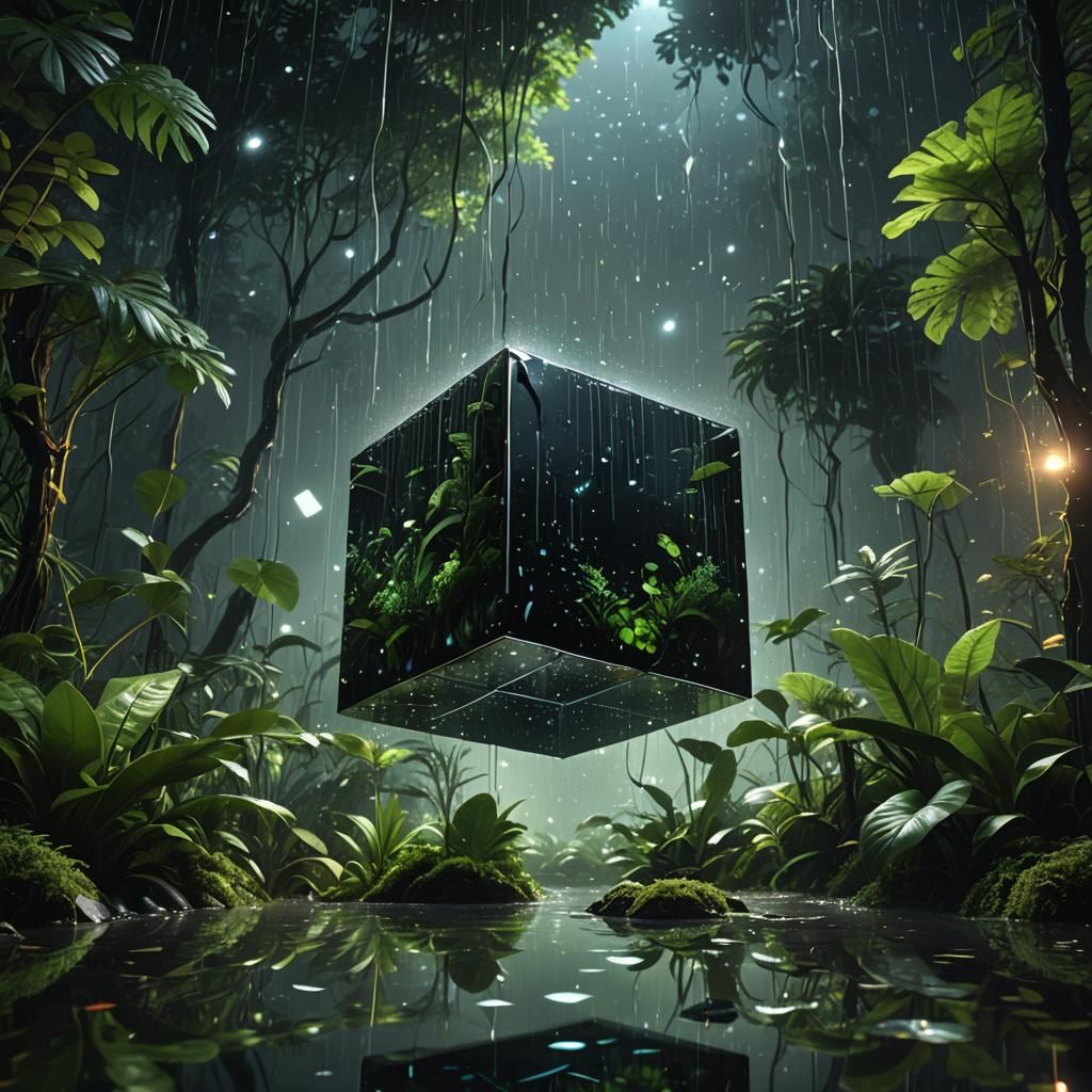 Floating Black Cube in Bioluminescent Rainforest