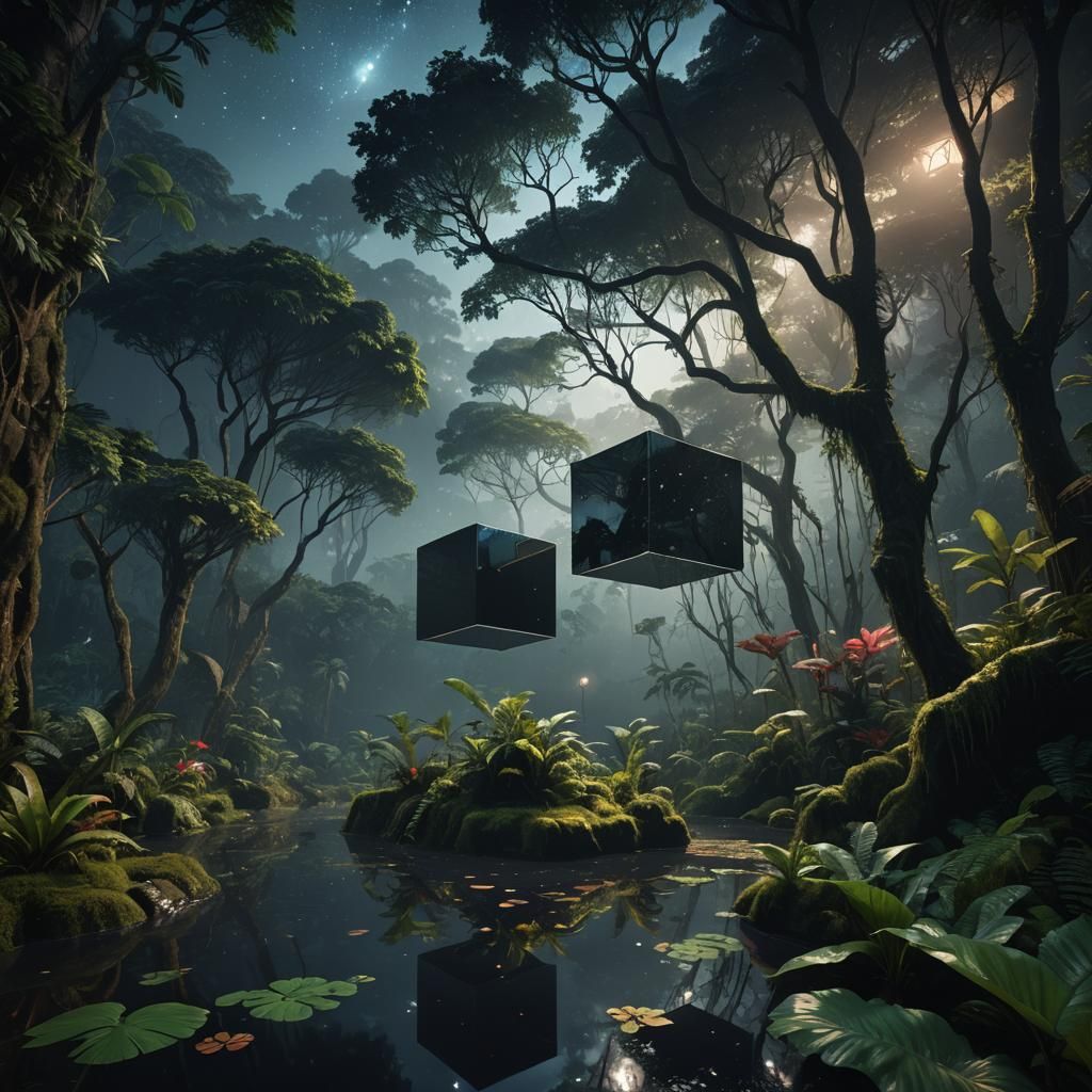 Mystical Rainforest Cube Revealed in Starry Night Sky